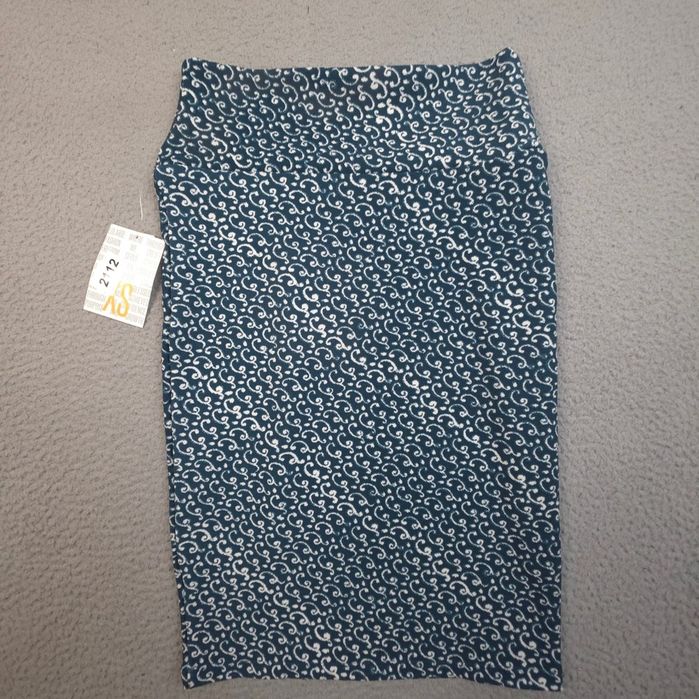 LuLaRoe Cassie Pencil Skirt XS Teal Blue White Scroll Print Stretch Midi NWT - Picture 8 of 10